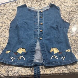 Denim Embroidered Horse Vest - Blue
